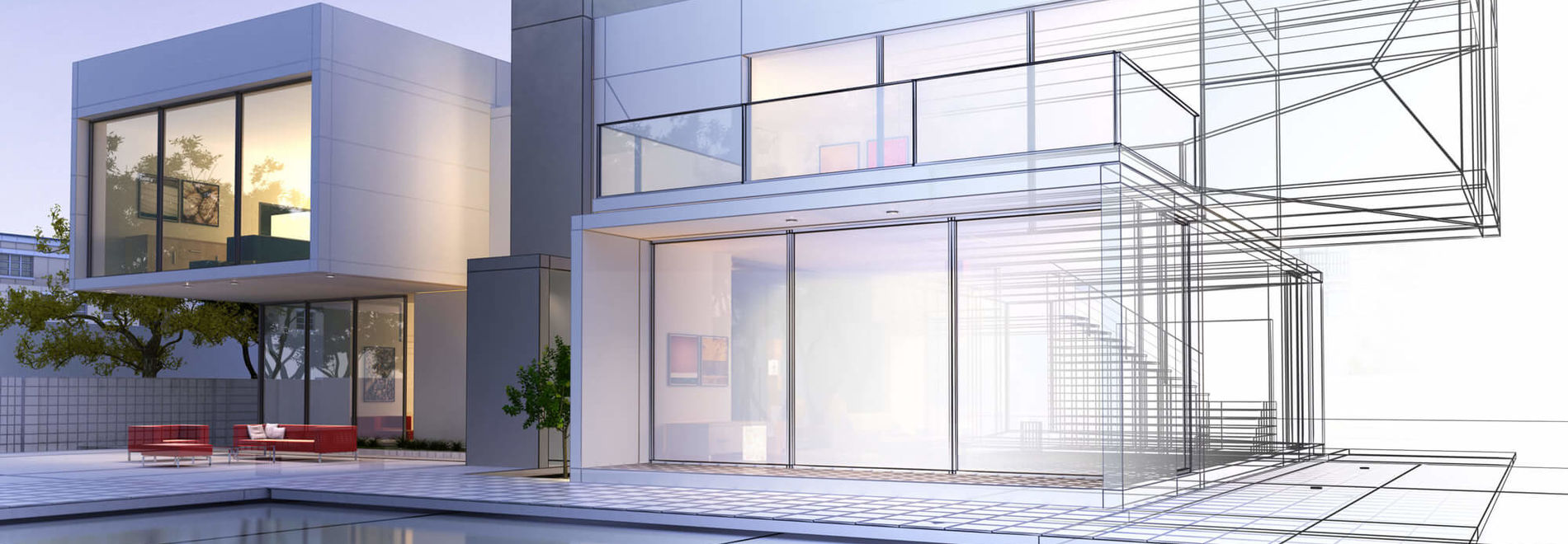 Modernes Architektenhaus - halb Foto, halb Drahtmodell einer 3D-Visualsierung