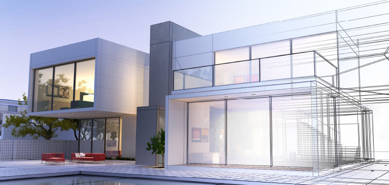 Modernes Architektenhaus - halb Foto, halb Drahtmodell einer 3D-Visualsierung